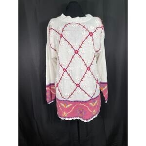 Vintage Yarnworks Sweater, 90's, Cream and Mauve, Diamond Design with Flowers